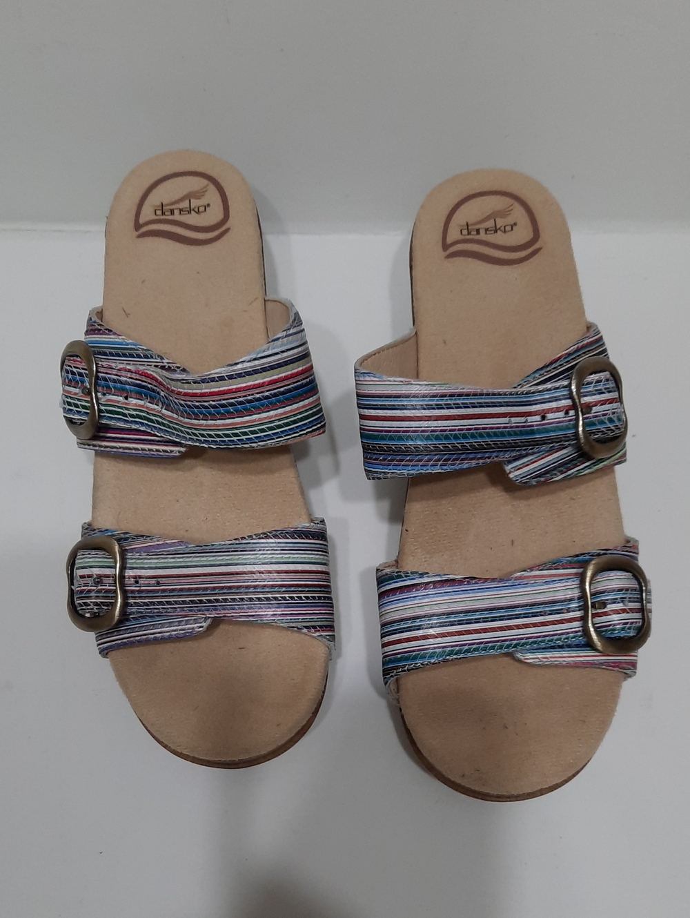 Dansko Multistripe Double-Buckle Slide Sandals - Blue/Pink Accents